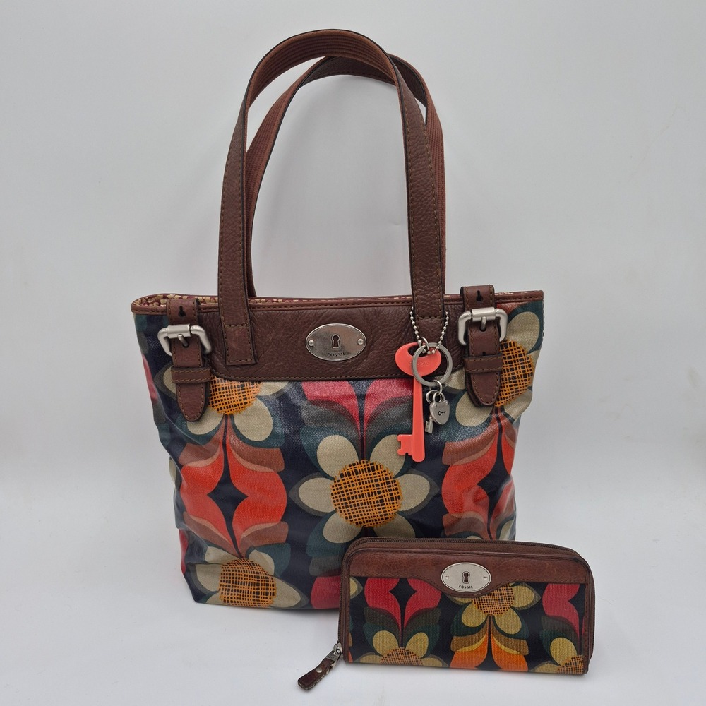 Fossil Key-Per Floral Tote Bag & Wallet Set ZB5126 Retro Coated Canvas Bag